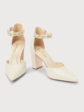 Lulu's Ivory Pointed Block Heel Pumps with Crystal Ankle Strap